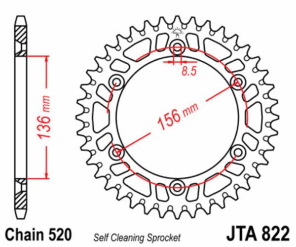 JT SPROCKETS Aluminium Ultra-Light Self-Cleaning Rear Sprocket 822 - 520 (JTA822.52)